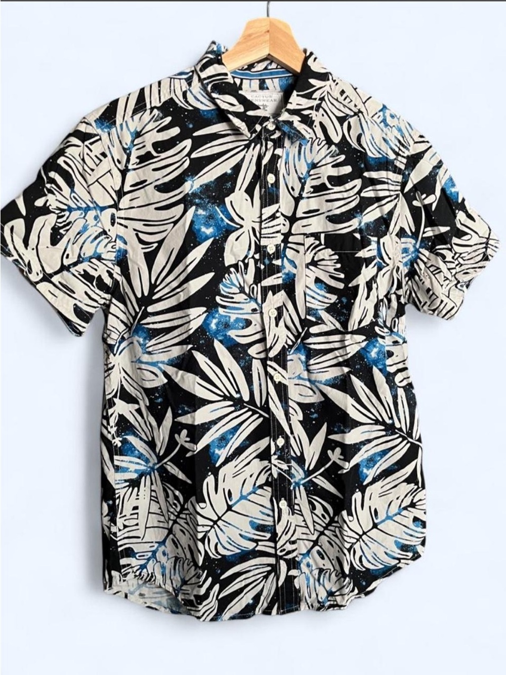 Men's Black and White Hawaiian Print Short-Sleeve Shirt with Blue Galaxy